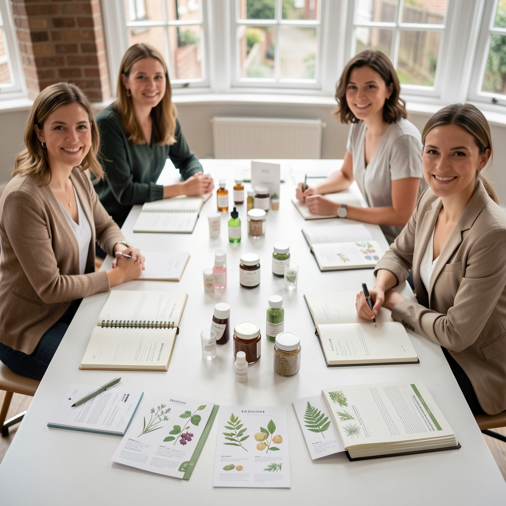 Four members of a wellness catalogue editorial team seated around a large white table covered with product samples, open notebooks, and botanical ingredient reference cards, photographed from above in a north-facing London studio