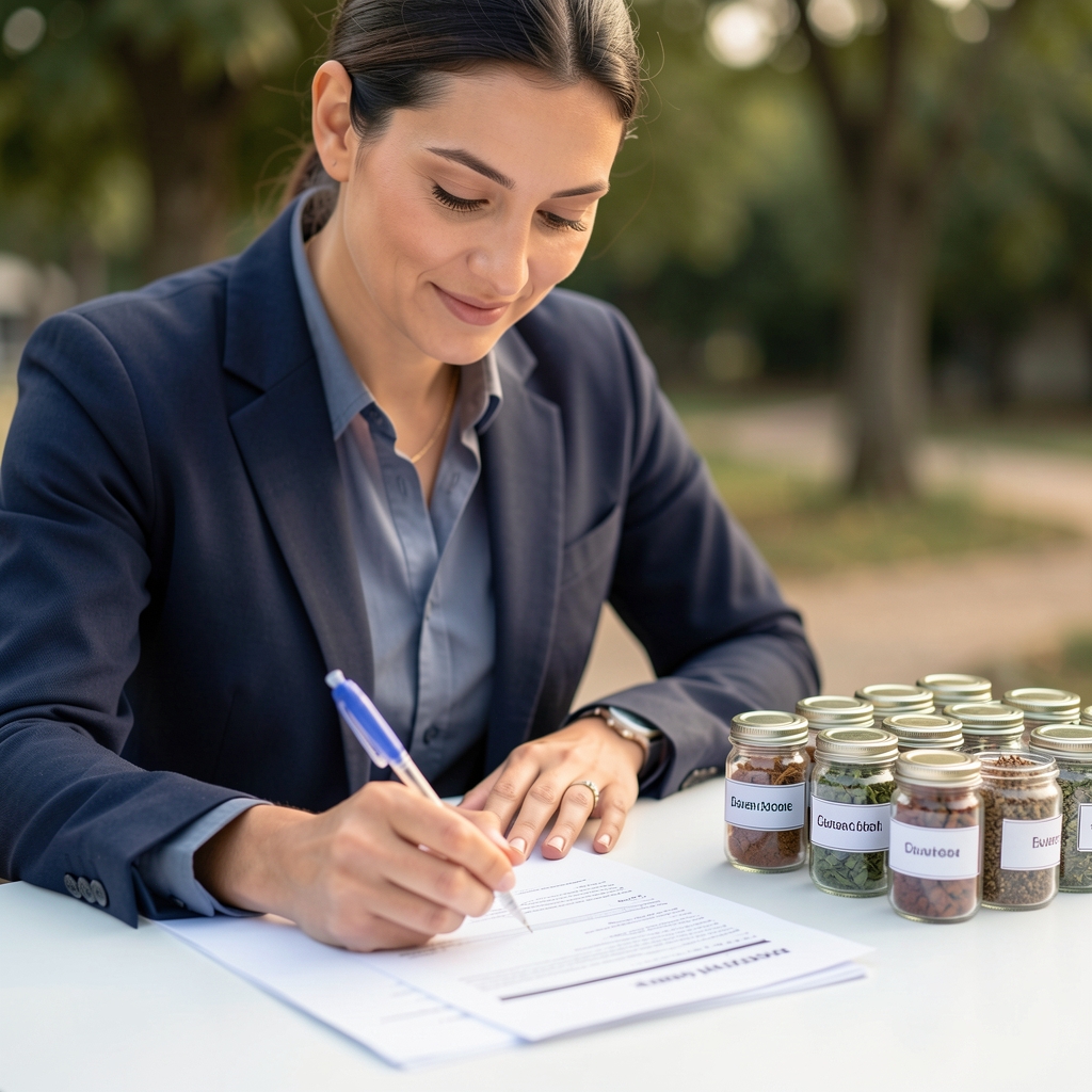 Supplement capsules and mineral powder in small glass bowls arranged on a light grey stone surface, ingredient display editorial photography with botanical greenery