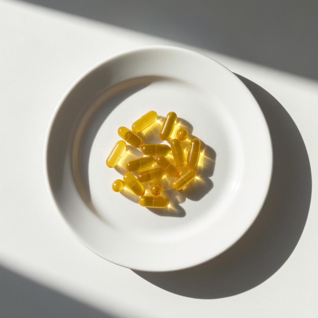 Small yellow vitamin capsules scattered on a clean white ceramic plate, overhead editorial still-life with long shadow in morning light